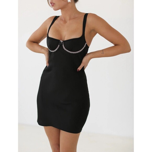 Rumored Y2K Little Black Mini Slip Dress Small Glam Rhinestones Satin HOCO Party - Picture 1 of 10